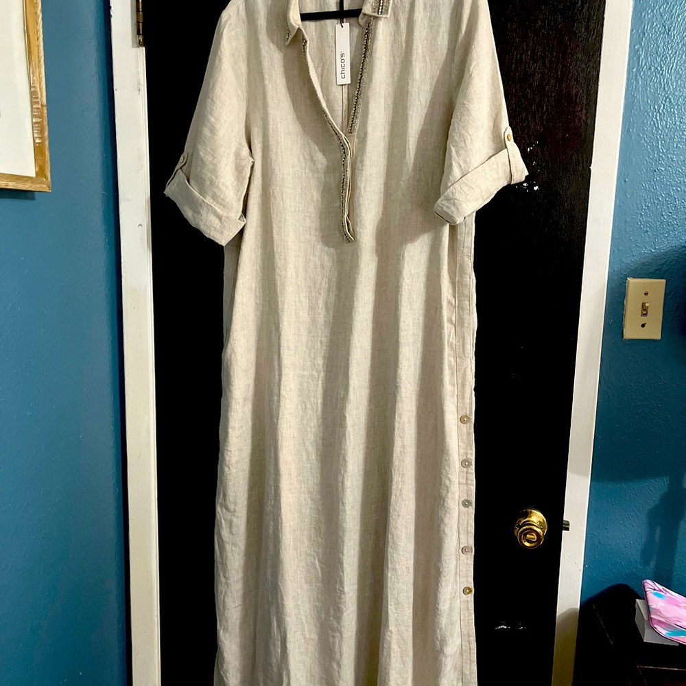 Chico’s 🧸 Linen Beige Maxi Dress with Embellished Collar Sz 3.5